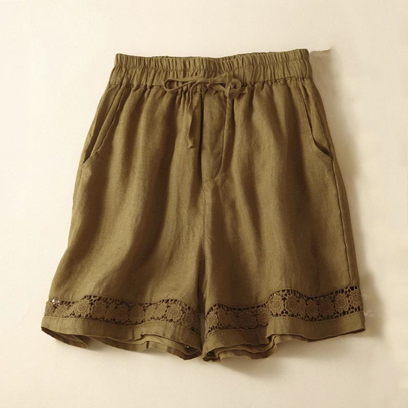 Pantaloncini da donna in cotone e lino con lacci e tasche, in tinta unita, con fondo in pizzo cavo , Buddha Stones - Verga d'oro - US12, UK/AU16, EU44 (3XL) - image 24