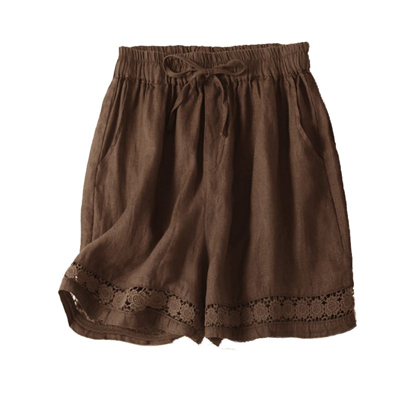 Pantaloncini da donna in cotone e lino con lacci e tasche, in tinta unita, con fondo in pizzo cavo , Buddha Stones - image 43
