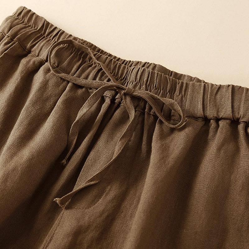 Pantaloncini da donna in cotone e lino con lacci e tasche, in tinta unita, con fondo in pizzo cavo , Buddha Stones - image 56