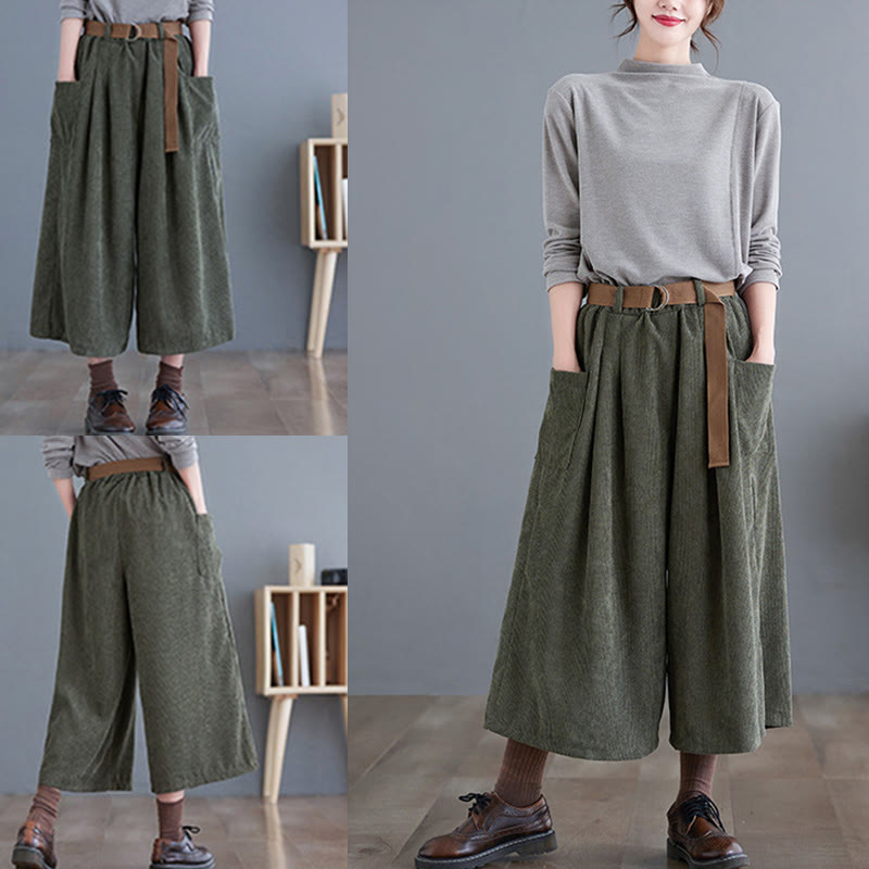 Pantaloni in velluto a coste di cotone con tasche e cintura, Buddha Stones Retro, da donna, a gamba larga, lunghezza 7-8 - image 16
