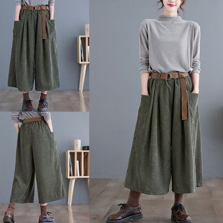 Pantaloni in velluto a coste di cotone con tasche e cintura, Buddha Stones Retro, da donna, a gamba larga, lunghezza 7-8 - image 16