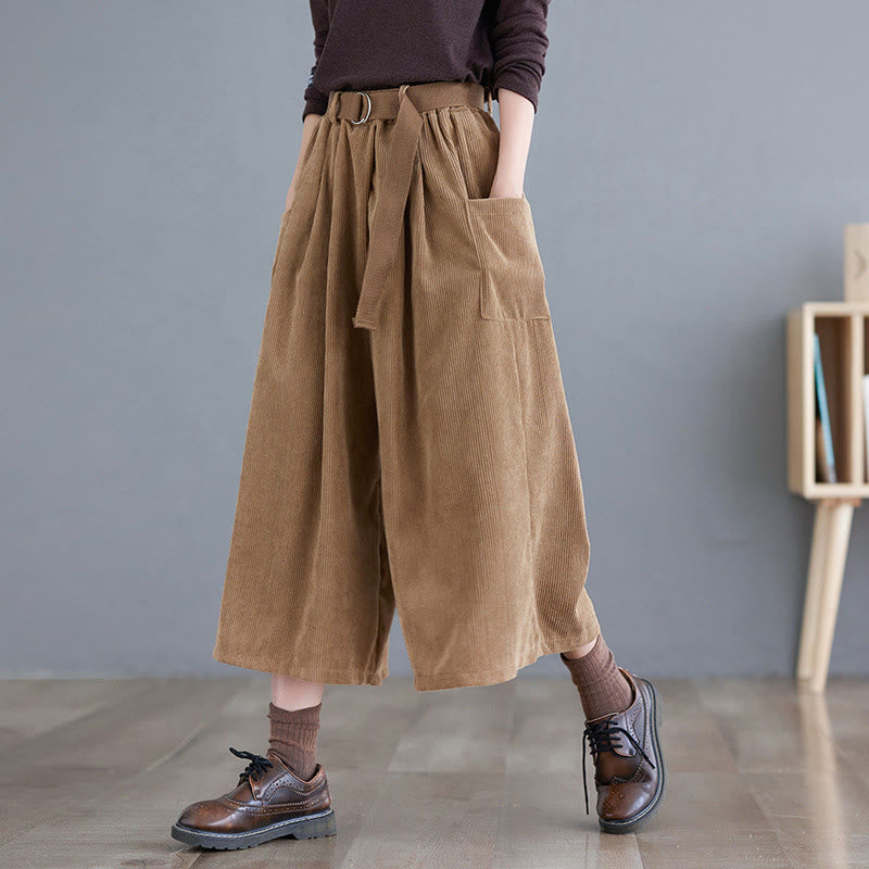 Pantaloni in velluto a coste di cotone con tasche e cintura, Buddha Stones Retro, da donna, a gamba larga, lunghezza 7-8 - Verga d'oro - US12, UK/AU16, EU44 (2XL) - image 1