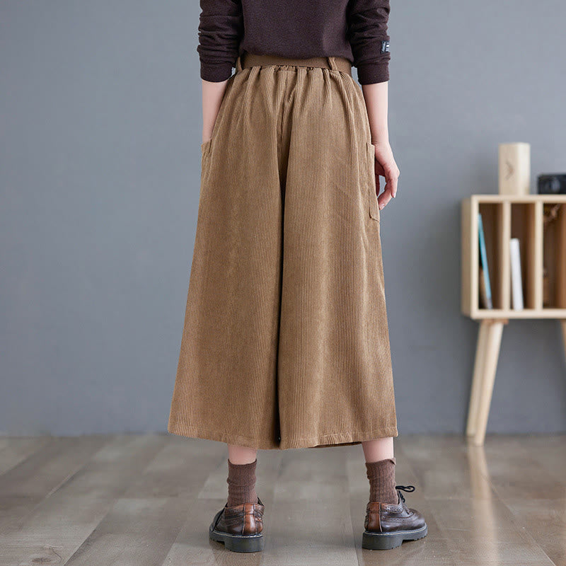Pantaloni in velluto a coste di cotone con tasche e cintura, Buddha Stones Retro, da donna, a gamba larga, lunghezza 7-8 - image 3