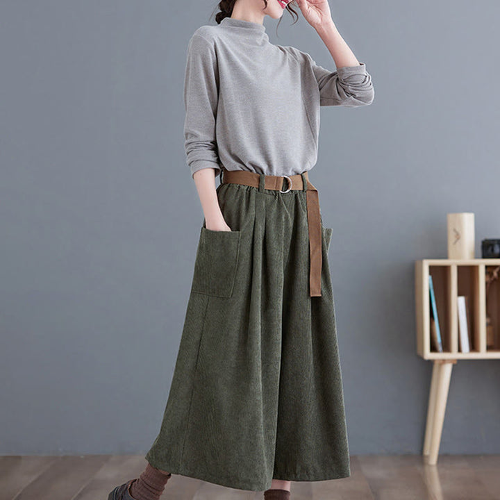 Pantaloni in velluto a coste di cotone con tasche e cintura, Buddha Stones Retro, da donna, a gamba larga, lunghezza 7-8 - image 15