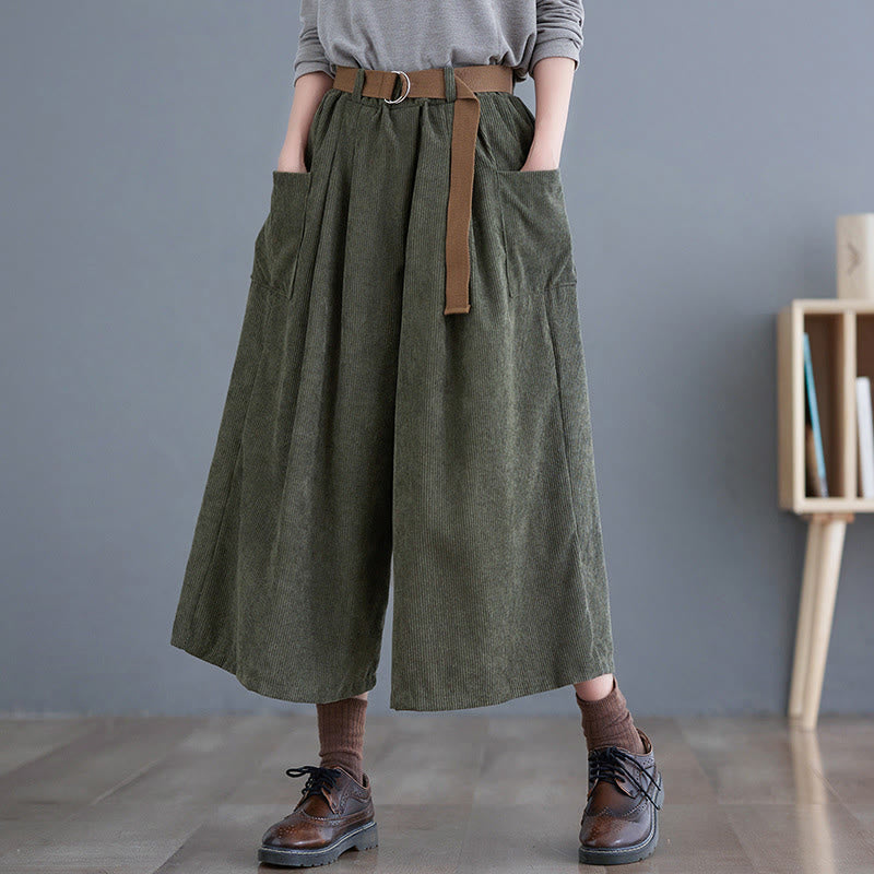 Pantaloni in velluto a coste di cotone con tasche e cintura, Buddha Stones Retro, da donna, a gamba larga, lunghezza 7-8 - Verde oliva scuro - US12, UK/AU16, EU44 (2XL) - image 12