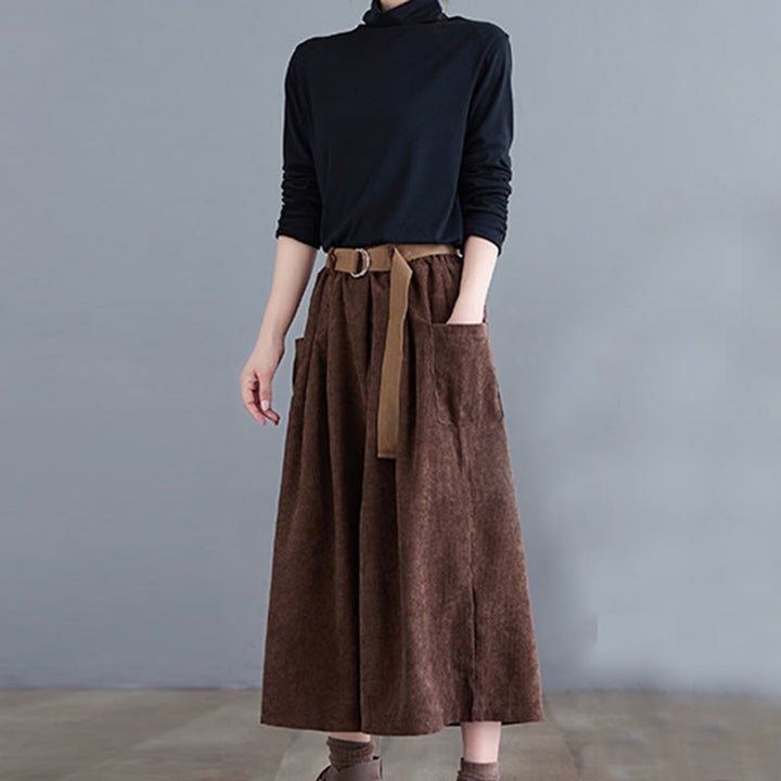 Pantaloni in velluto a coste da donna Buddha Stones Retro, a gamba larga, lunghezza 7-8, con tasche e cintura - image 19