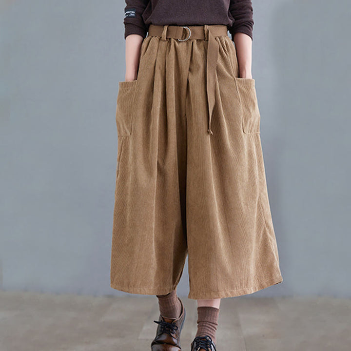 Pantaloni in velluto a coste da donna Buddha Stones Retro, a gamba larga, lunghezza 7-8, con tasche e cintura - image 1
