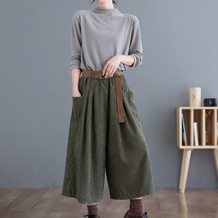 Pantaloni in velluto a coste di cotone con tasche e cintura, Buddha Stones Retro, da donna, a gamba larga, lunghezza 7-8 - image 14