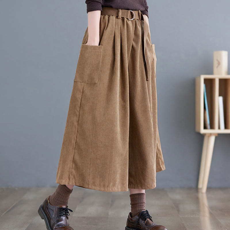 Pantaloni in velluto a coste di cotone con tasche e cintura, Buddha Stones Retro, da donna, a gamba larga, lunghezza 7-8 - image 4