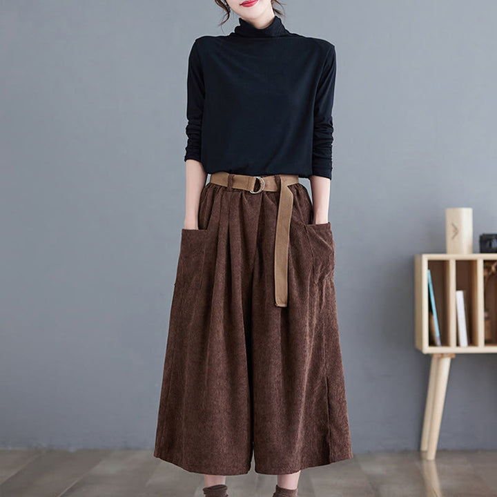 Pantaloni in velluto a coste da donna Buddha Stones Retro, a gamba larga, lunghezza 7-8, con tasche e cintura - image 20