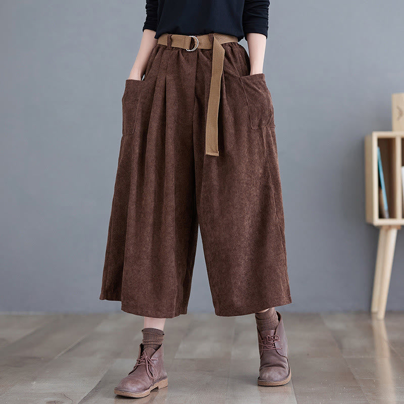 Pantaloni in velluto a coste di cotone con tasche e cintura, Buddha Stones Retro, da donna, a gamba larga, lunghezza 7-8 - Marrone sella - US12, UK/AU16, EU44 (2XL) - image 17