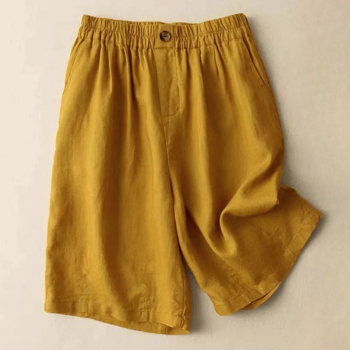 Pantaloncini da donna in lino e cotone con tasche , Buddha Stones, casual, estivi, tinta unita, con cerniera e bottoni - Verga d'oro - US8-10, UK/AU12-14, EU40-42 (3XL) - image 3