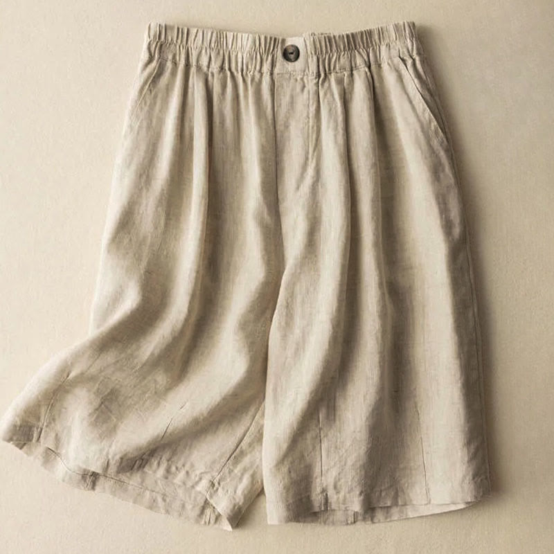 Pantaloncini da donna estivi casual con bottoni, in cotone e lino, con motivo Buddha Stones e tasche. - Beige - US8-10, UK/AU12-14, EU40-42 (3XL) - image 6