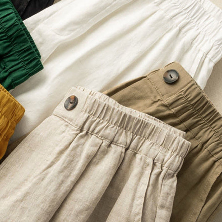 Pantaloncini da donna estivi casual con bottoni, in cotone e lino, con motivo Buddha Stones e tasche. - image 17