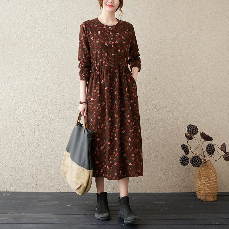 Abito midi in lino e cotone con maniche lunghe, stampa etnica floreale, bottoni e tasche, motivo Buddha Stones - Marrone sella - US12, UK/AU16, EU44 (3XL) - image 1