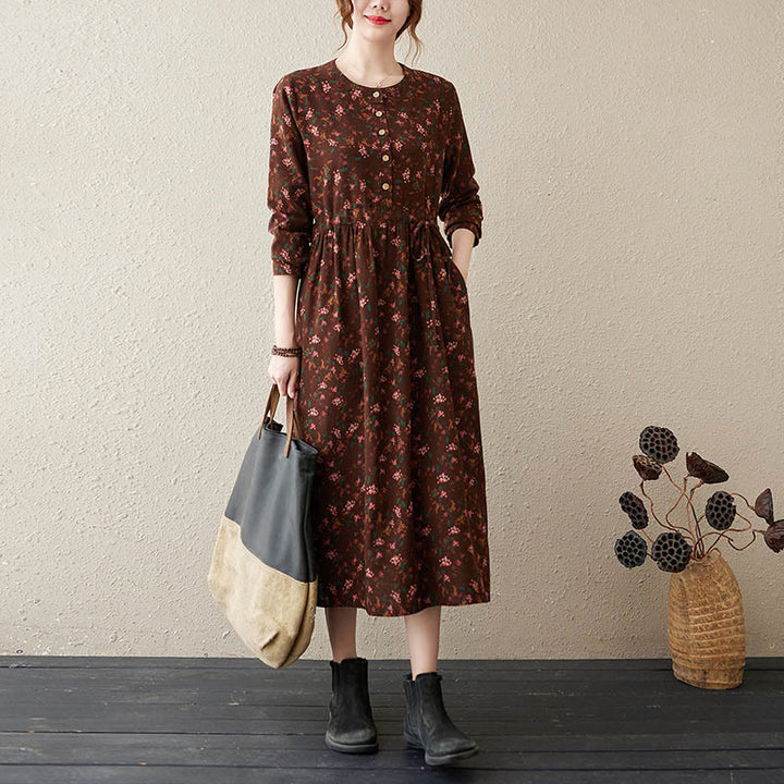 Abito midi in lino e cotone con maniche lunghe, stampa etnica floreale, bottoni e tasche, motivo Buddha Stones - Marrone sella - US12, UK/AU16, EU44 (3XL) - image 1