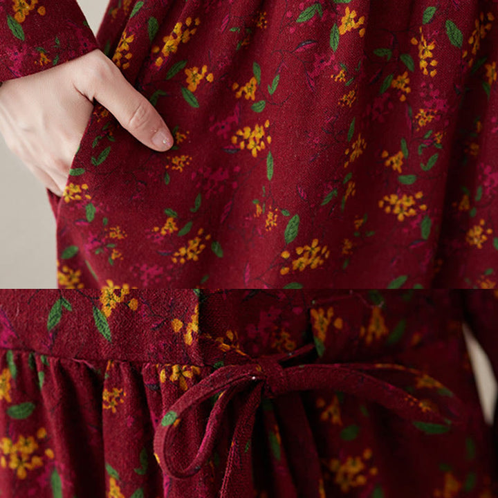 Abito midi in lino e cotone con maniche lunghe, stampa etnica floreale, bottoni e tasche, motivo Buddha Stones - image 19