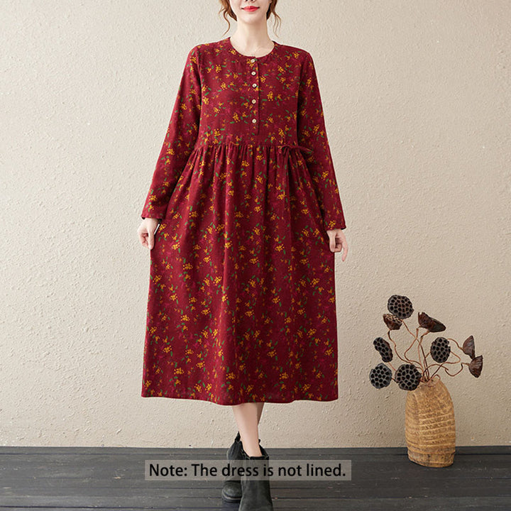 Abito midi in lino e cotone con maniche lunghe, stampa etnica floreale, bottoni e tasche, motivo Buddha Stones - image 12