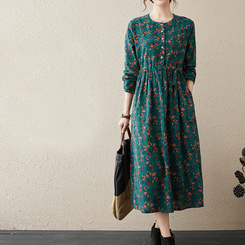 Abito midi in lino e cotone con maniche lunghe, stampa etnica floreale, bottoni e tasche, motivo Buddha Stones - image 10