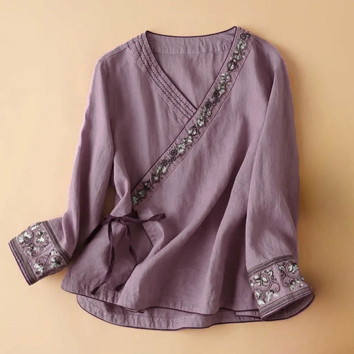 Camicia da donna in cotone a maniche lunghe con scollo a V, motivo Buddha Stones, fiori ricamati casual - Orchidea - US12, UK/AU16, EU44 (3XL) - image 7