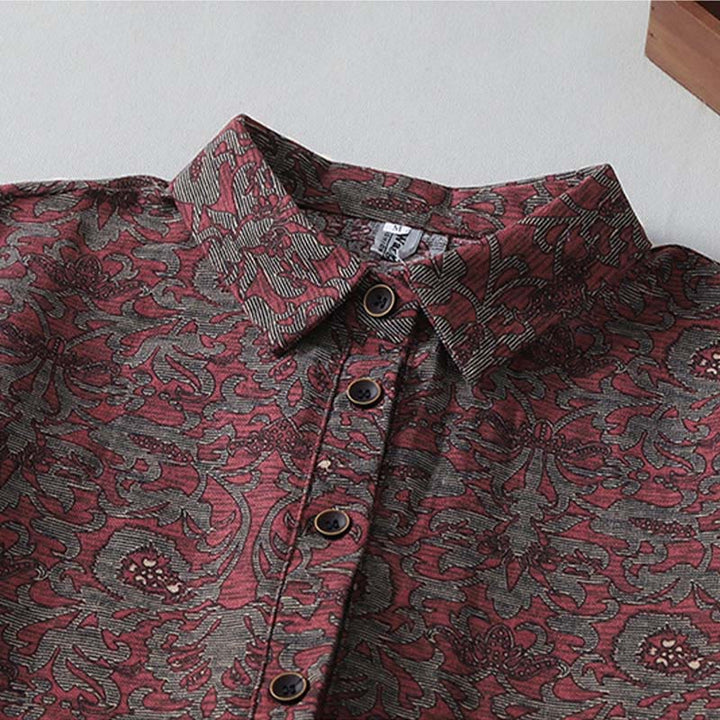 Abito midi in lino e cotone con maniche lunghe, tasche e stampa floreale marrone con Buddha Stones - image 2