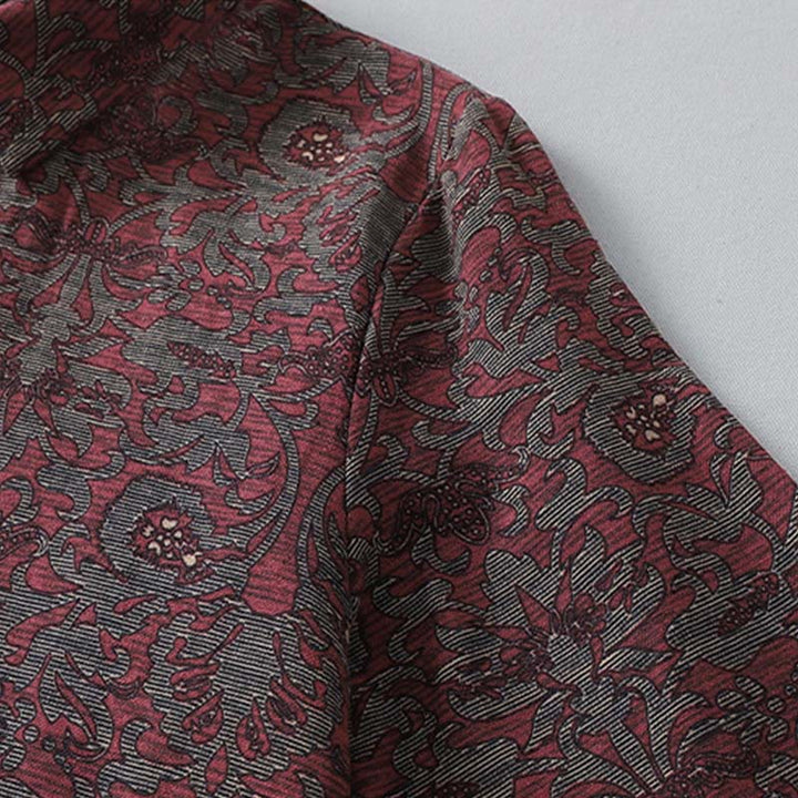 Abito midi in lino e cotone con maniche lunghe, tasche e stampa floreale marrone con Buddha Stones - image 5