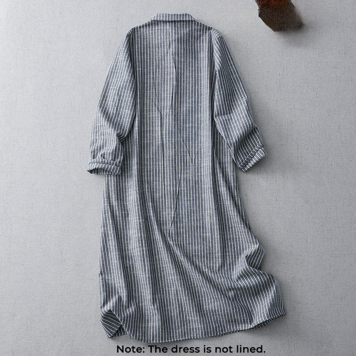 Abito midi in lino e cotone con tasche, maniche lunghe, risvolto e righe bianche, Buddha Stones LightSteelBlue - image 1