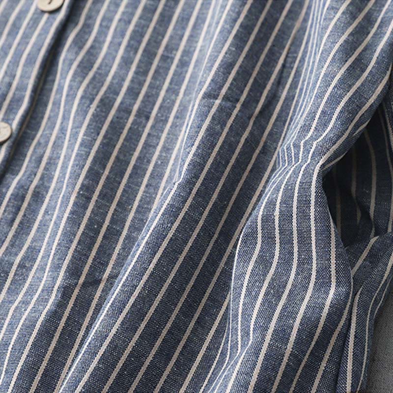 Abito midi in lino e cotone con tasche, maniche lunghe, risvolto e righe bianche, Buddha Stones LightSteelBlue - image 5