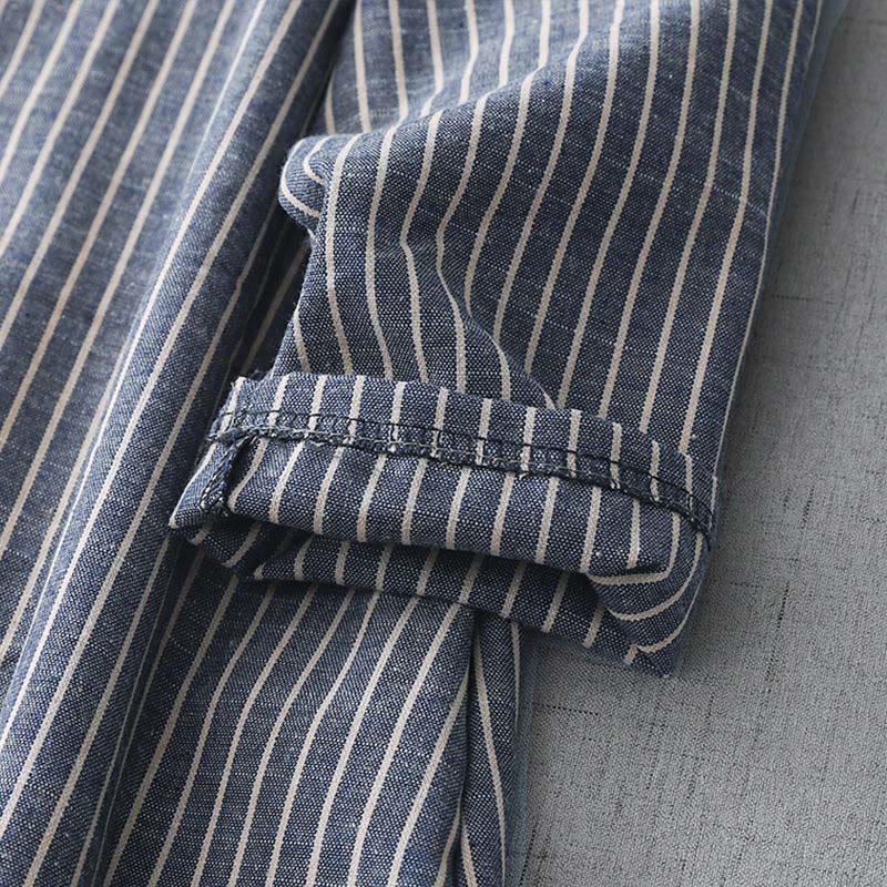 Abito midi in lino e cotone con tasche, maniche lunghe, risvolto e righe bianche, Buddha Stones LightSteelBlue - image 7