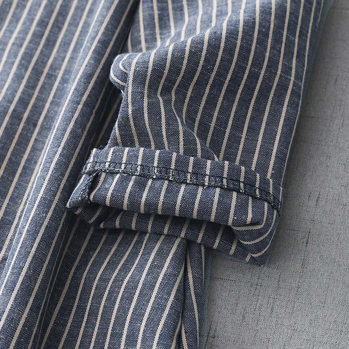 Abito midi in lino e cotone con tasche, maniche lunghe, risvolto e righe bianche, Buddha Stones LightSteelBlue - image 7