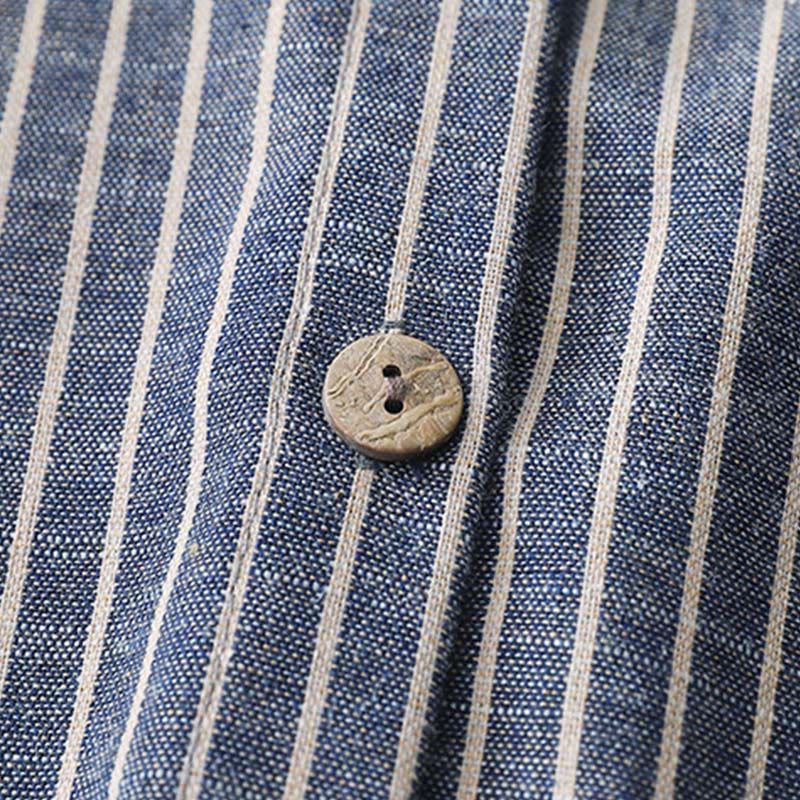 Abito midi in lino e cotone con tasche, maniche lunghe, risvolto e righe bianche, Buddha Stones LightSteelBlue - image 4