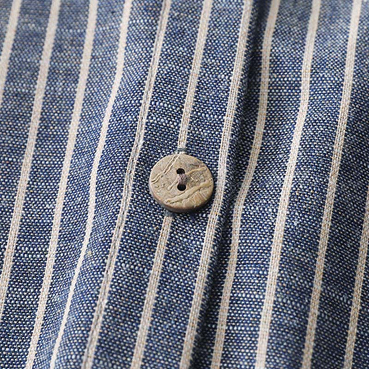 Abito midi in lino e cotone con tasche, maniche lunghe, risvolto e righe bianche, Buddha Stones LightSteelBlue - image 4