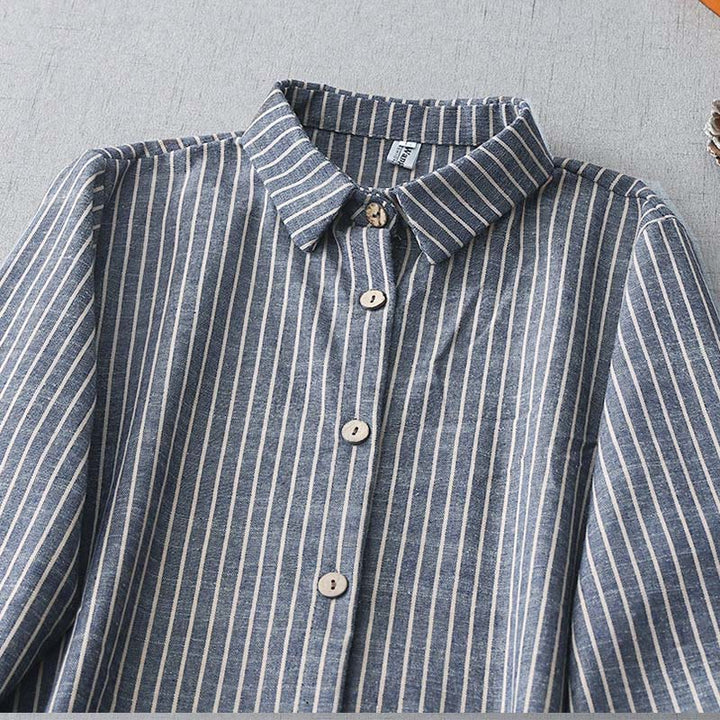 Abito midi in lino e cotone con tasche, maniche lunghe, risvolto e righe bianche, Buddha Stones LightSteelBlue - image 2