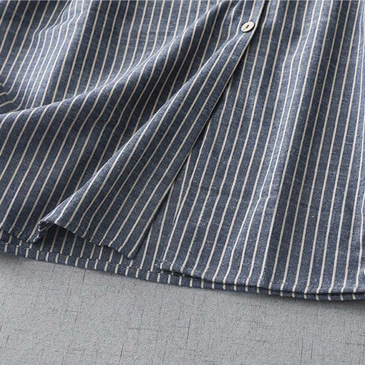 Abito midi in lino e cotone con tasche, maniche lunghe, risvolto e righe bianche, Buddha Stones LightSteelBlue - image 8