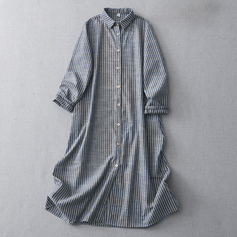 Abito midi in lino e cotone con tasche, maniche lunghe, risvolto e righe bianche, Buddha Stones LightSteelBlue - BluAcciaioChiaro - US8-10, UK/AU12-14, EU40-42 (2XL) - image 1