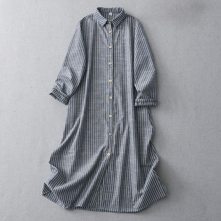 Abito midi in lino e cotone con tasche, maniche lunghe, risvolto e righe bianche, Buddha Stones LightSteelBlue - BluAcciaioChiaro - US8-10, UK/AU12-14, EU40-42 (2XL) - image 1