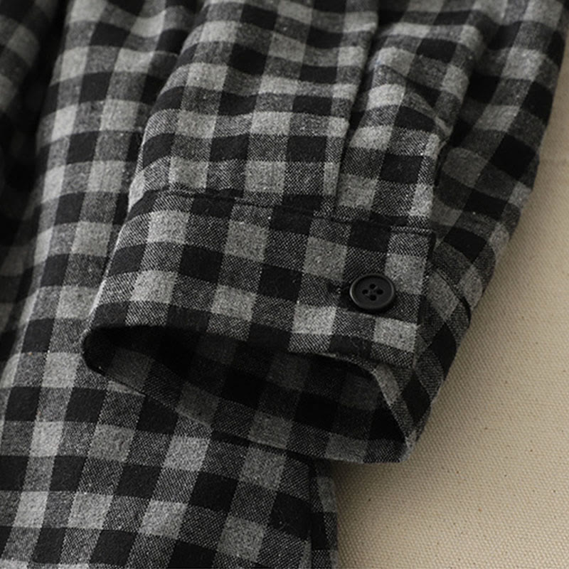 Abito midi in lino e cotone a maniche lunghe con tasche, motivo a quadri con revers e lacci neri Buddha Stones - image 9