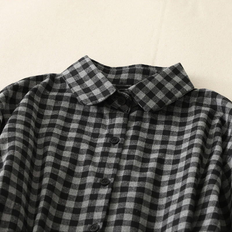 Abito midi in lino e cotone a maniche lunghe con tasche, motivo a quadri con revers e lacci neri Buddha Stones - image 2