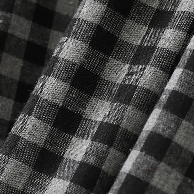 Abito midi in lino e cotone a maniche lunghe con tasche, motivo a quadri con revers e lacci neri Buddha Stones - image 6