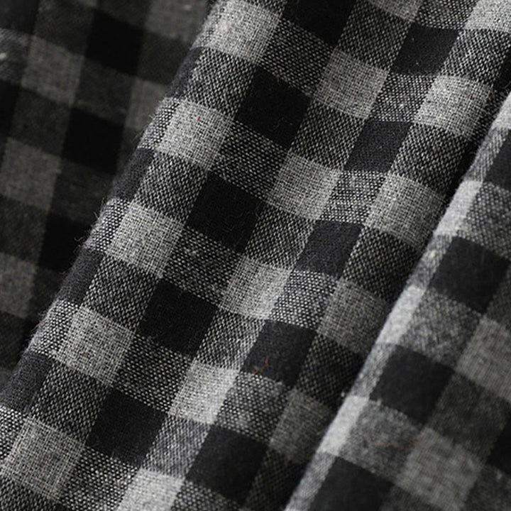 Abito midi in lino e cotone a maniche lunghe con tasche, motivo a quadri con revers e lacci neri Buddha Stones - image 6