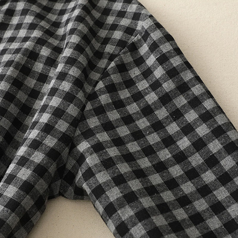 Abito midi in lino e cotone a maniche lunghe con tasche, motivo a quadri con revers e lacci neri Buddha Stones - image 8