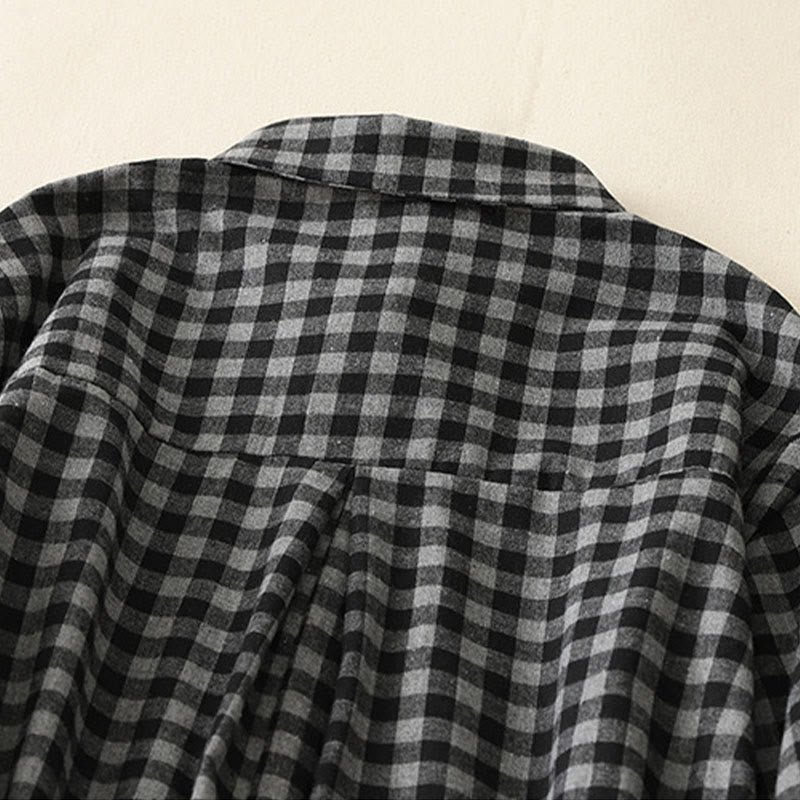 Abito midi in lino e cotone a maniche lunghe con tasche, motivo a quadri con revers e lacci neri Buddha Stones - image 3