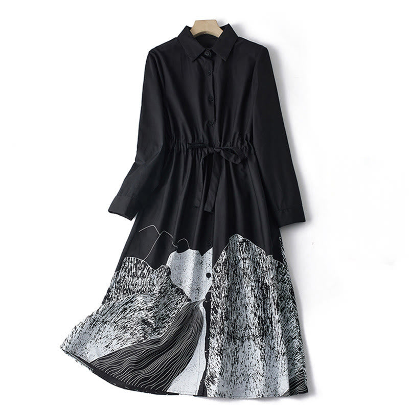 Abito midi in cotone con maniche lunghe, revers allacciati, tasche, stampa Buddha Stones, linee irregolari - Nero - US8-10, UK/AU12-14, EU40-42 (2XL) - image 1