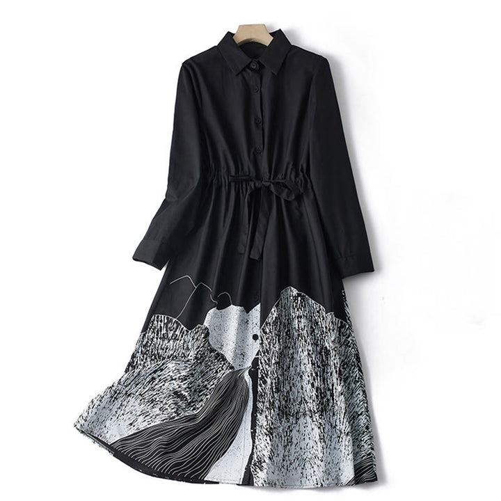 Abito midi in cotone con maniche lunghe, revers allacciati, tasche, stampa Buddha Stones, linee irregolari - Nero - US8-10, UK/AU12-14, EU40-42 (2XL) - image 0