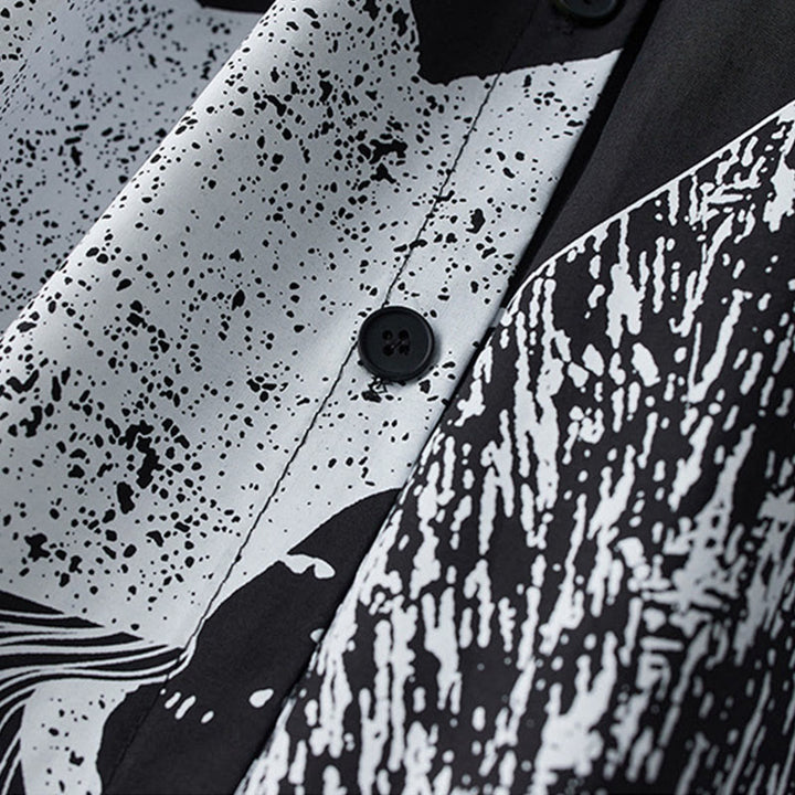 Abito midi in cotone con maniche lunghe, revers allacciati, tasche, stampa Buddha Stones, linee irregolari - image 7