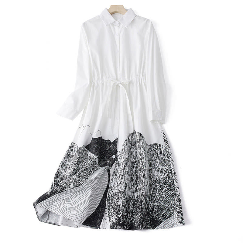 Abito midi in cotone con maniche lunghe, revers allacciati, tasche, stampa Buddha Stones, linee irregolari - Bianco - US8-10, UK/AU12-14, EU40-42 (2XL) - image 10