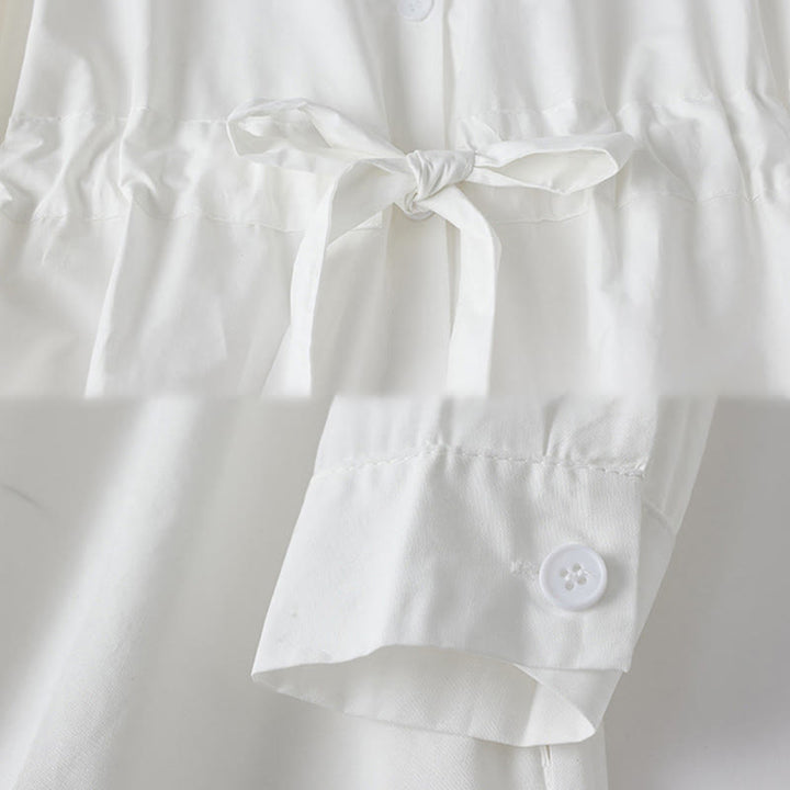 Abito midi in cotone con maniche lunghe, revers allacciati, tasche, stampa Buddha Stones, linee irregolari - image 13