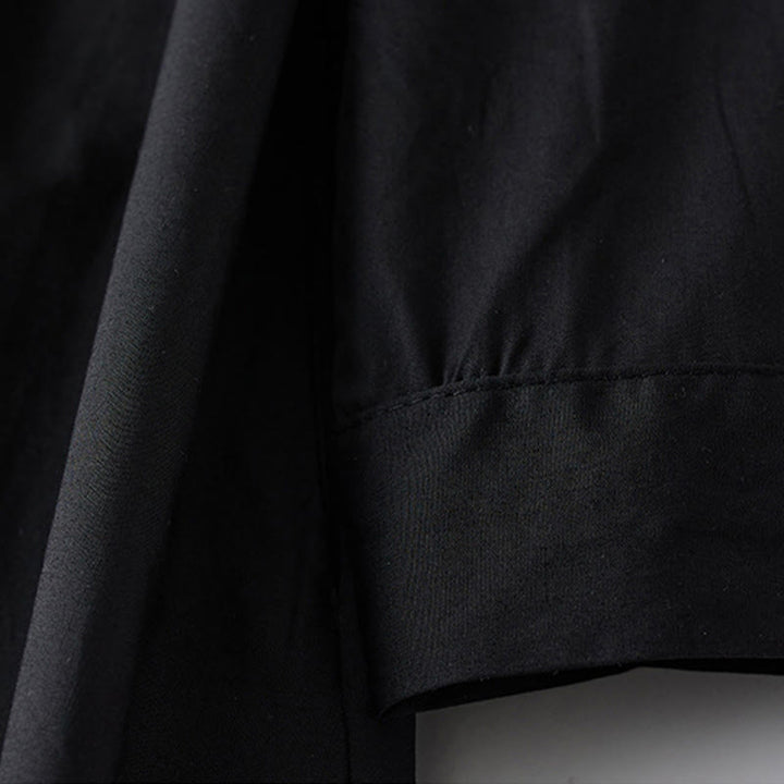 Abito midi in cotone con maniche lunghe, revers allacciati, tasche, stampa Buddha Stones, linee irregolari - image 4