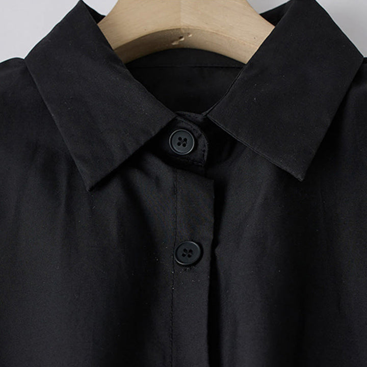 Abito midi in cotone con maniche lunghe, revers allacciati, tasche, stampa Buddha Stones, linee irregolari - image 2