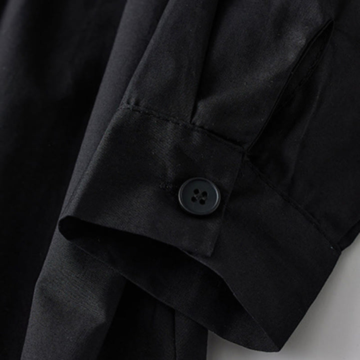 Abito midi in cotone con maniche lunghe, revers allacciati, tasche, stampa Buddha Stones, linee irregolari - image 6